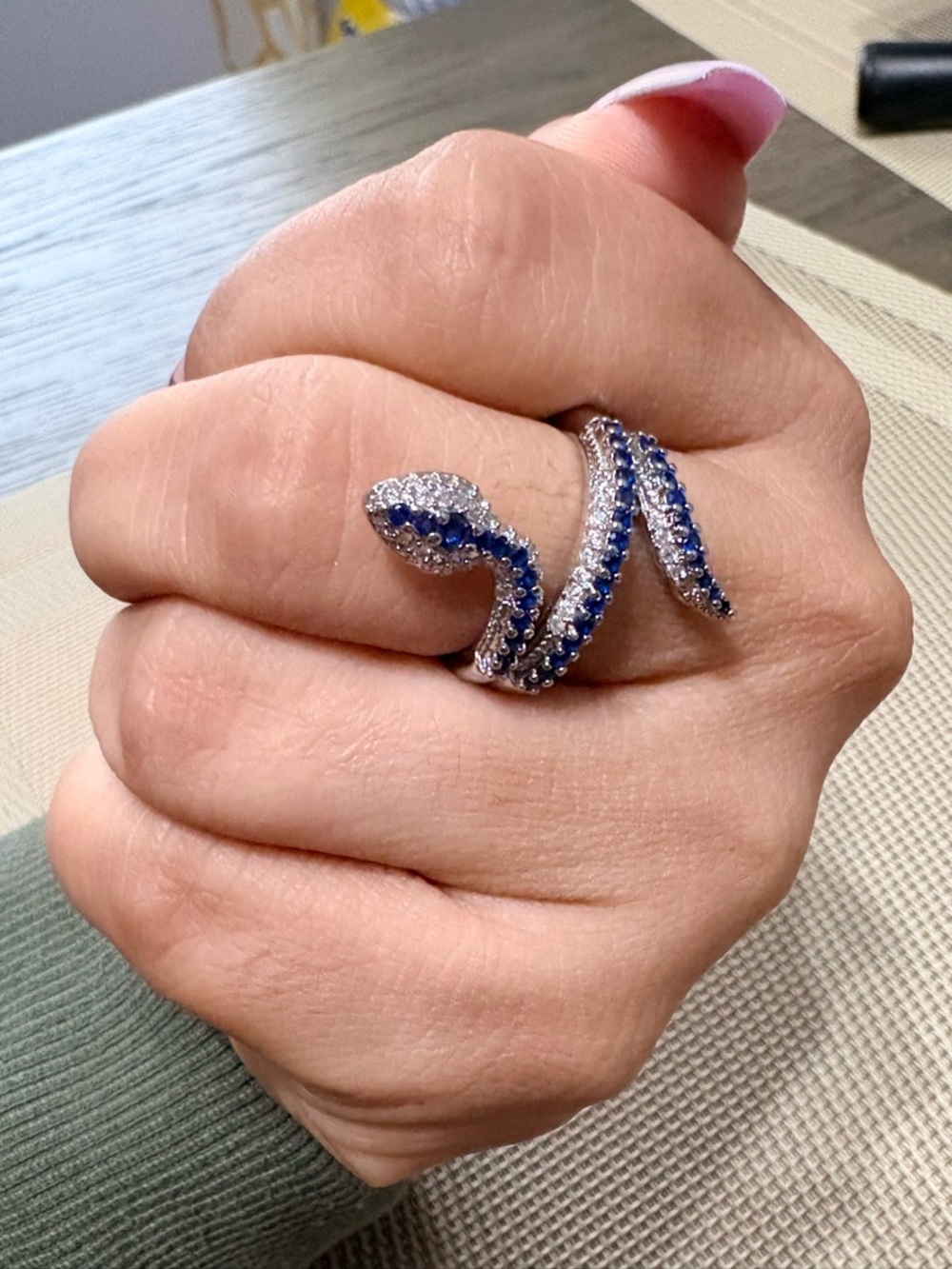 Silver Snake Wrap Ring with Blue and White Stones